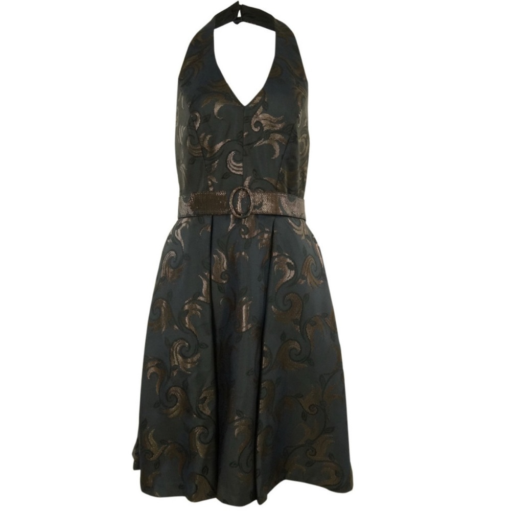 Muse | NWT Women's Jacquard Pocket Belted Halter Dress in Midnight blue